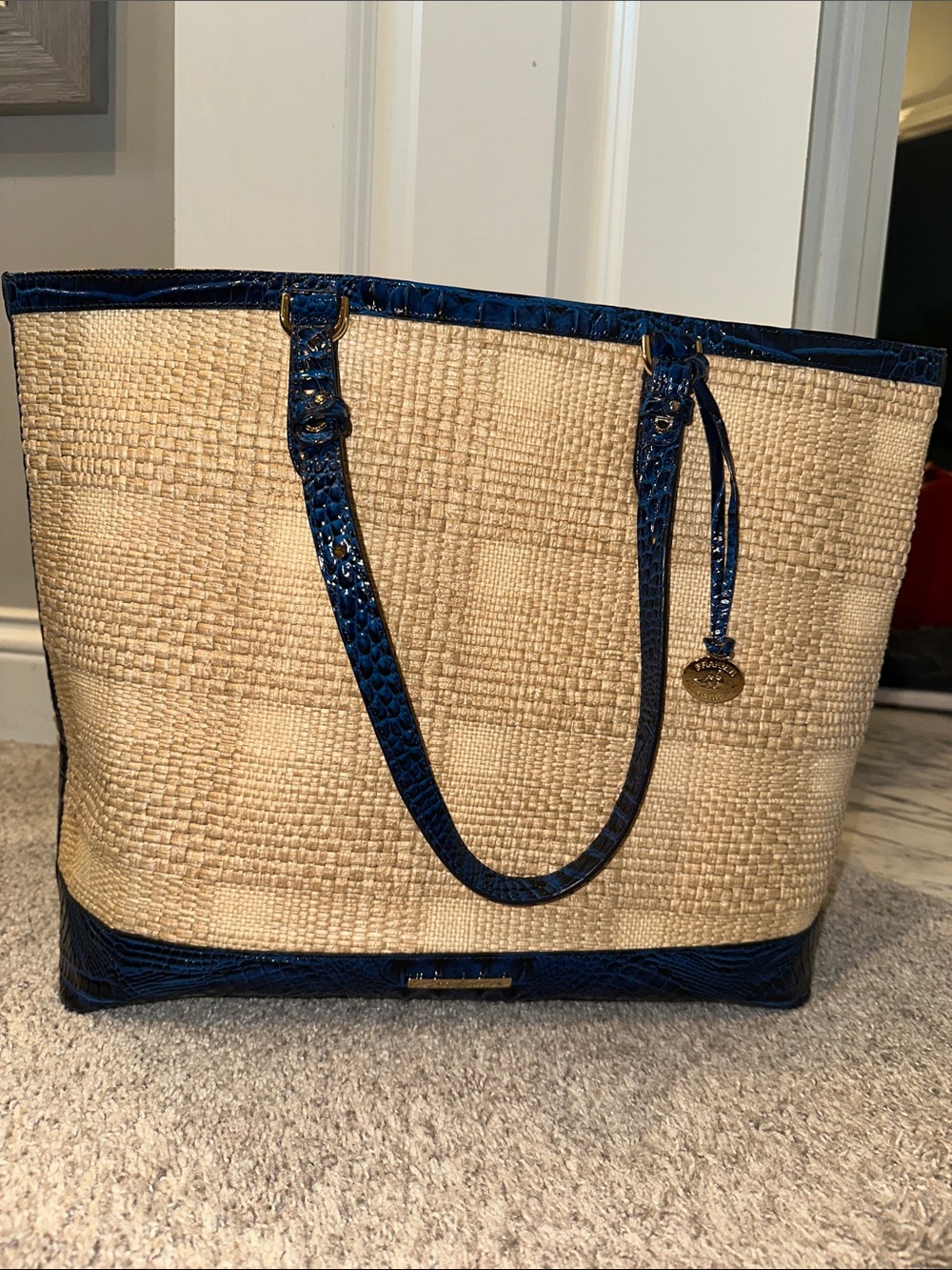 Brahmin Natural Straw Tote with Navy Trim and Straps